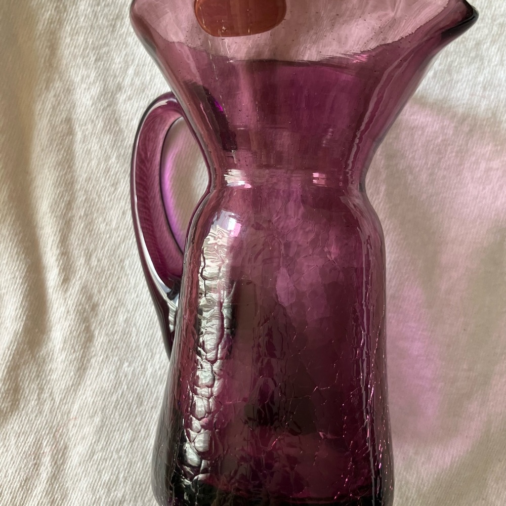 Hand blown crackle glass pitcher amethyst Rainbow Glass original brand sticker 8 - Picture 2 of 6